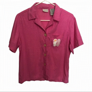 White Stag Y2K Pink Linen Blend Button-Up Shirt w/ Flip Flop Motif Sz Small